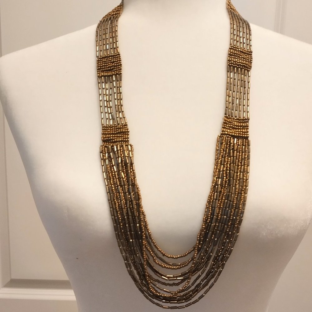 Gorgeous Long Vintage Mult-Strand Glass Seed Bead Necklace Metallic Copper 28"